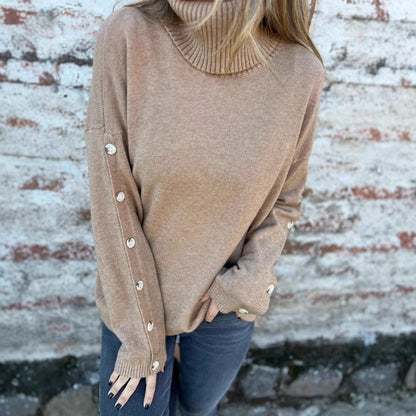 Damen kuscheliger Rollkragenpullover mit dekorativen Knöpfen Merchesia