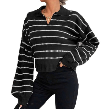 Damen moderner cropped Pullover mit Streifen und tiefem V-Ausschnitt Merchesia
