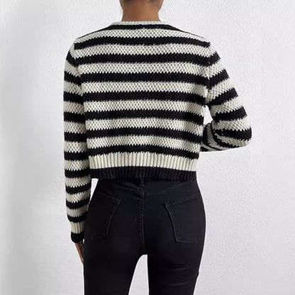 Damen gestreifte Strickjacke mit dekorativen Knöpfen Merchesia