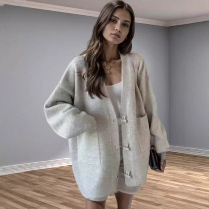 Damen Strickjacke mit großen Taschen und elegantem V-Ausschnitt Merchesia