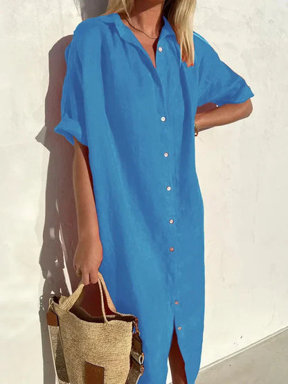 elegantes, lässiges kleid für damen mit weiten Ärmeln und knöpfen kleid aus baumwolle und leinen