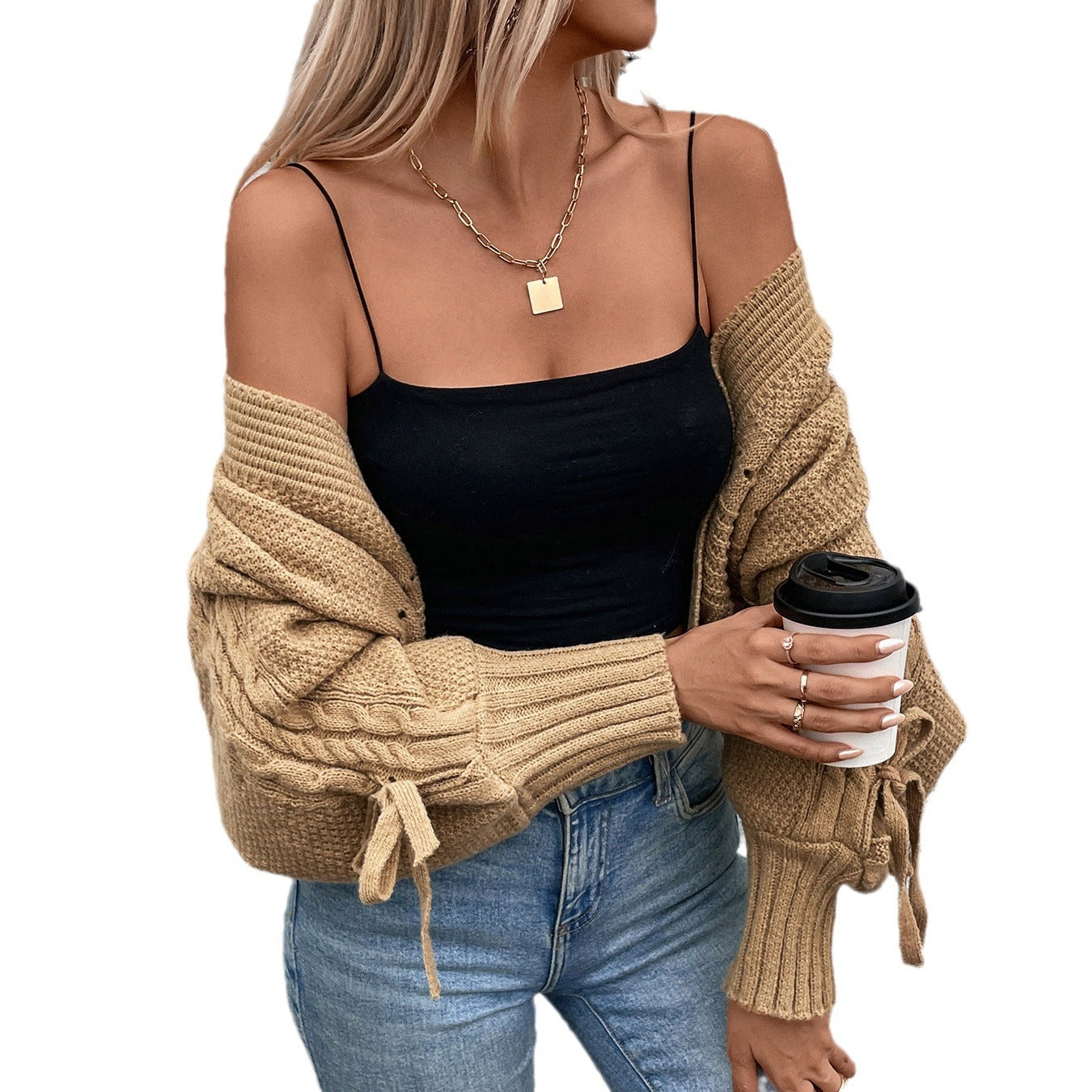 Damen modische Strickjacke mit voluminösen Ärmeln und Zopfmuster Merchesia