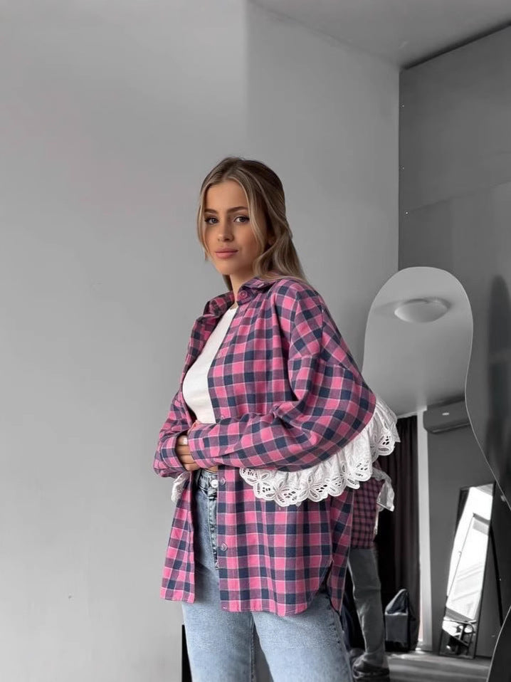 Damen Oversize Karoshirt mit romantischem Spitzenbesatz Merchesia