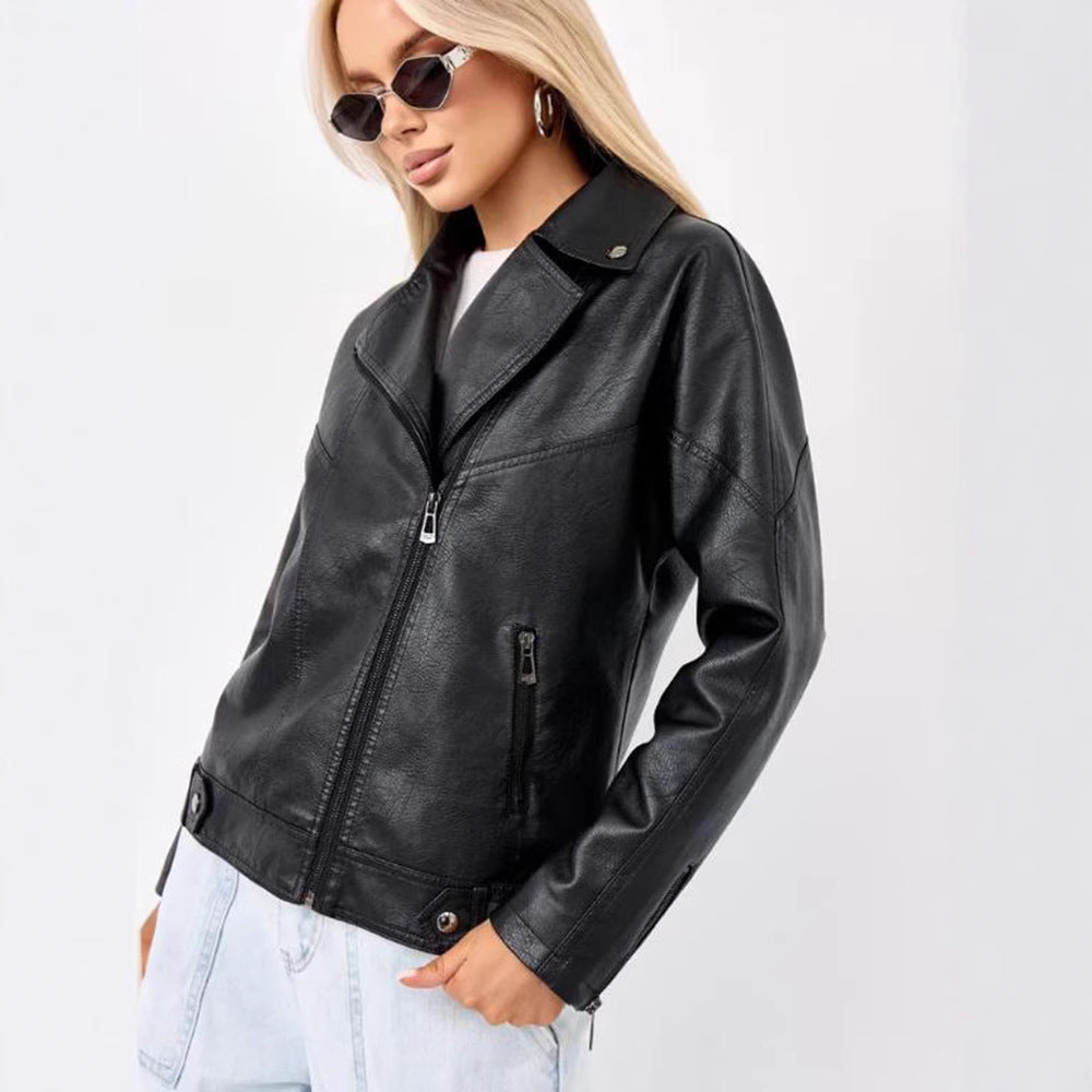 Damen hochwertige Kunstlederjacke im Biker-Stil mit asymmetrischem Reißverschluss Merchesia
