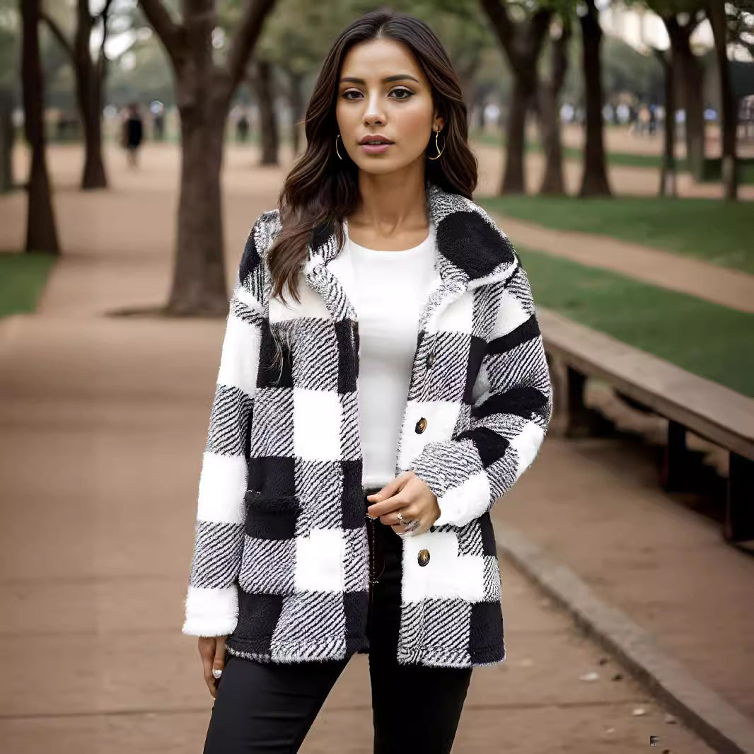 Damen Kuschelige Karojacke mit Druckknopfverschluss und Seitentaschen Merchesia