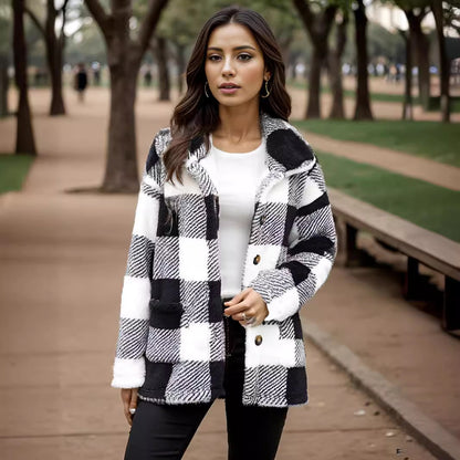 Damen Kuschelige Karojacke mit Druckknopfverschluss und Seitentaschen Merchesia