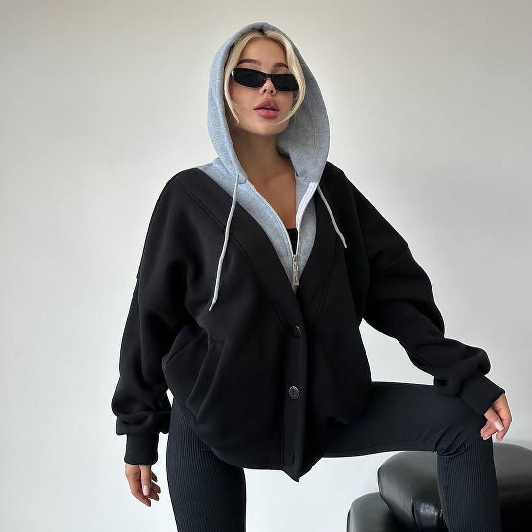Damen gemütlicher Oversized-Jacke mit Kapuze und Druckknopfverschluss Merchesia