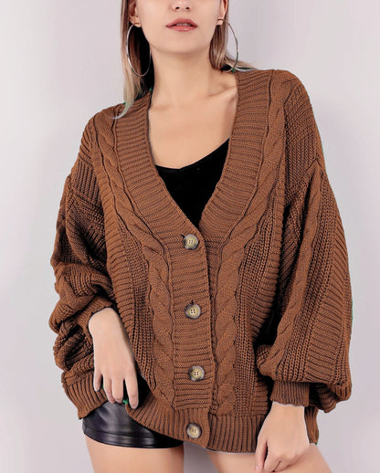 Damen Grobstrickjacke mit eleganter Knopfleiste und voluminösen Puffärmeln Merchesia