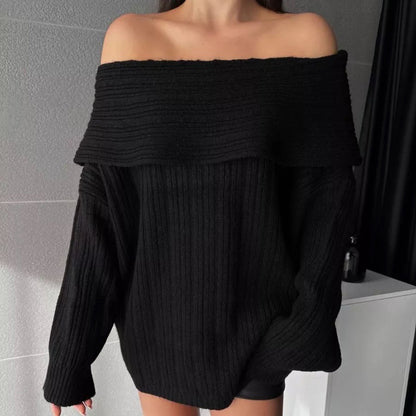 Damen Off-Shoulder Strickpullover mit Rippstruktur und weit geschnittenen Ärmeln Merchesia