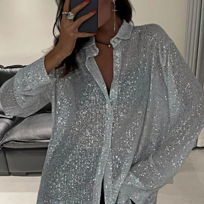 Damen Glamouröse Transparente Bluse mit Pailletten Merchesia