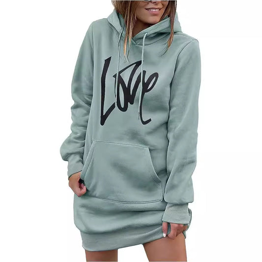 Damen Hoodie-Kleid mit Kängurutasche und auffälligem Schriftzug Merchesia