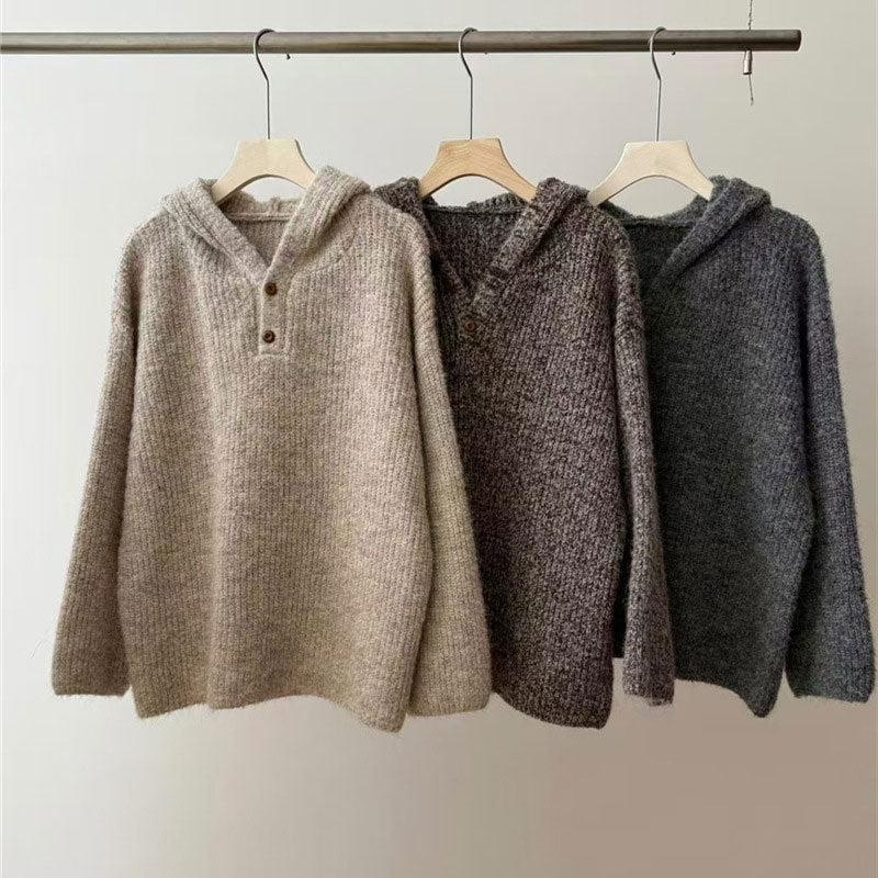 Damen bequemer Strickpullover mit Knopfleiste und Kapuze Merchesia