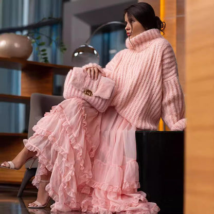 Damen Grober Strickpullover mit hohem Kragen Merchesia