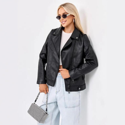 Damen hochwertige Kunstlederjacke im Biker-Stil mit asymmetrischem Reißverschluss Merchesia