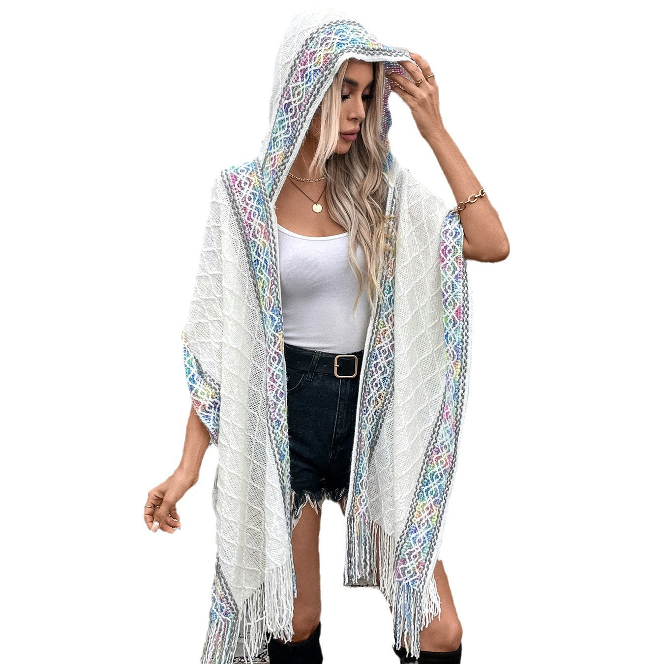 Damen eleganter Poncho mit hochwertigem Strukturdesign und Fransen Merchesia