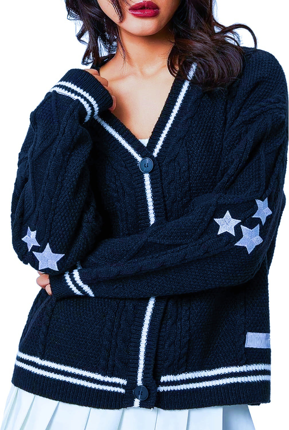 Damen Grob gestrickte Cardigan mit Sternenapplikationen und Knopfverschluss Merchesia