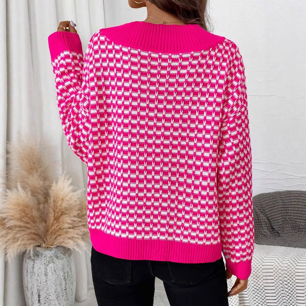 Damen Strickpullover mit V-Ausschnitt und modernem Karomuster Merchesia