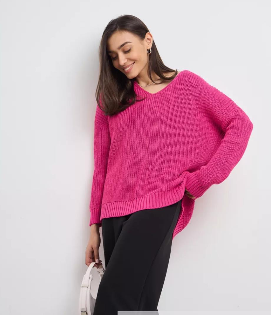 Damen lässiger Strickpullover mit tiefem V-Ausschnitt und seitlichen Schlitzen Merchesia