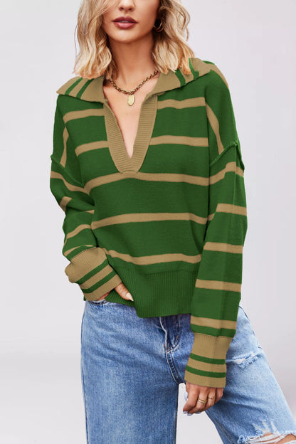 Damen lässiger Pullover mit V-Ausschnitt und breitem Streifenmuster Merchesia