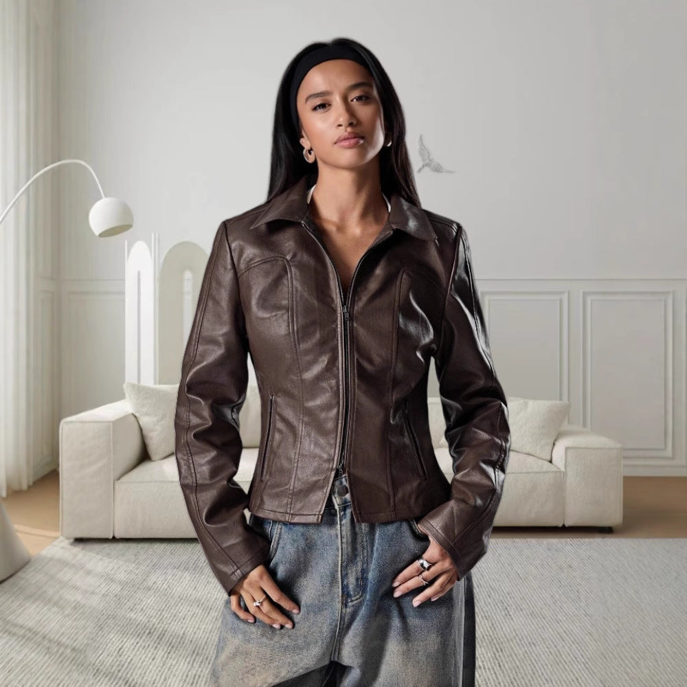 Damen Hochwertige Kunstlederjacke im figurbetonten Schnitt Merchesia