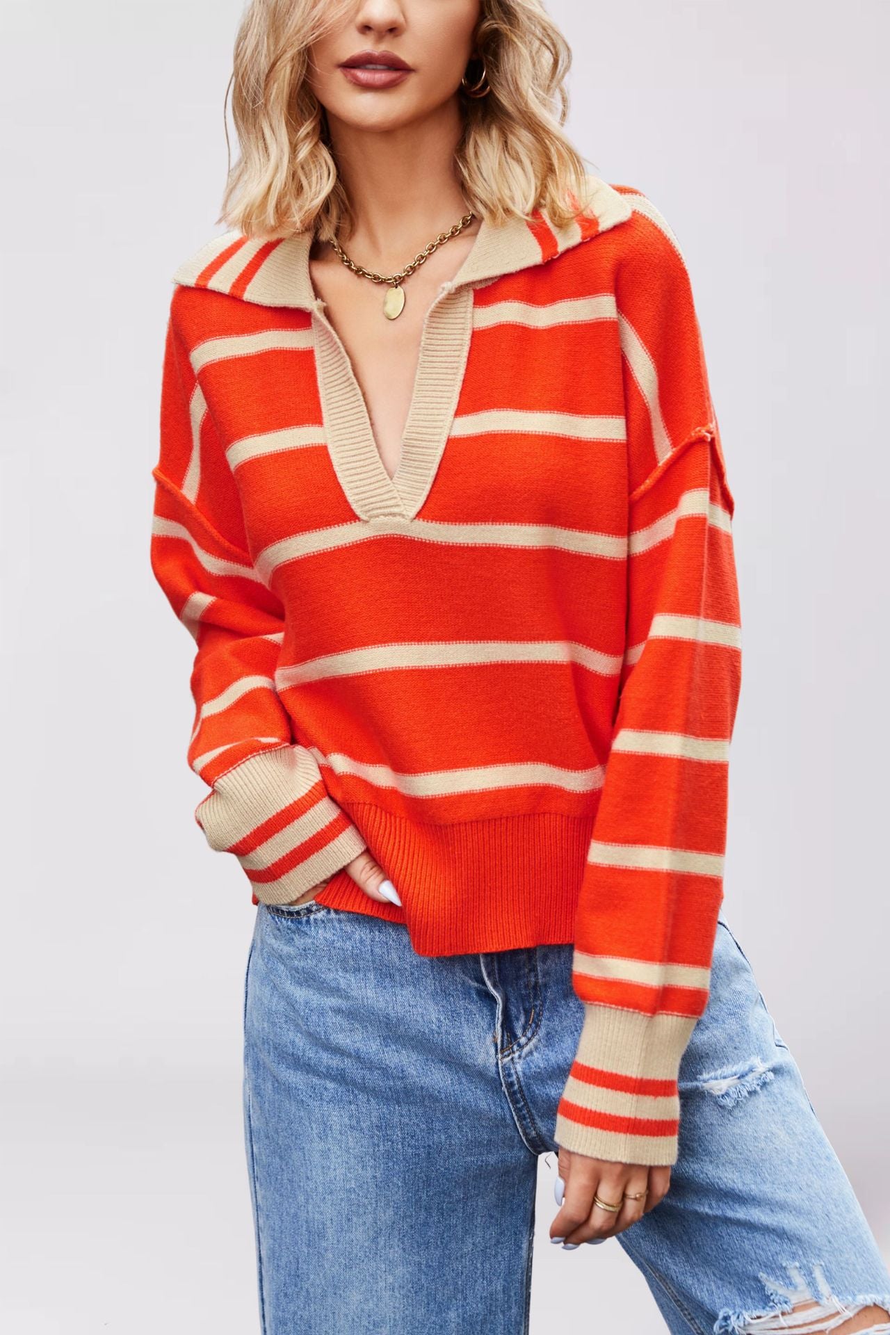 Damen lässiger Pullover mit V-Ausschnitt und breitem Streifenmuster Merchesia