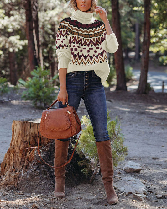 Damen Modischer Strickpullover mit Stehkragen und geometrischem Muster Merchesia