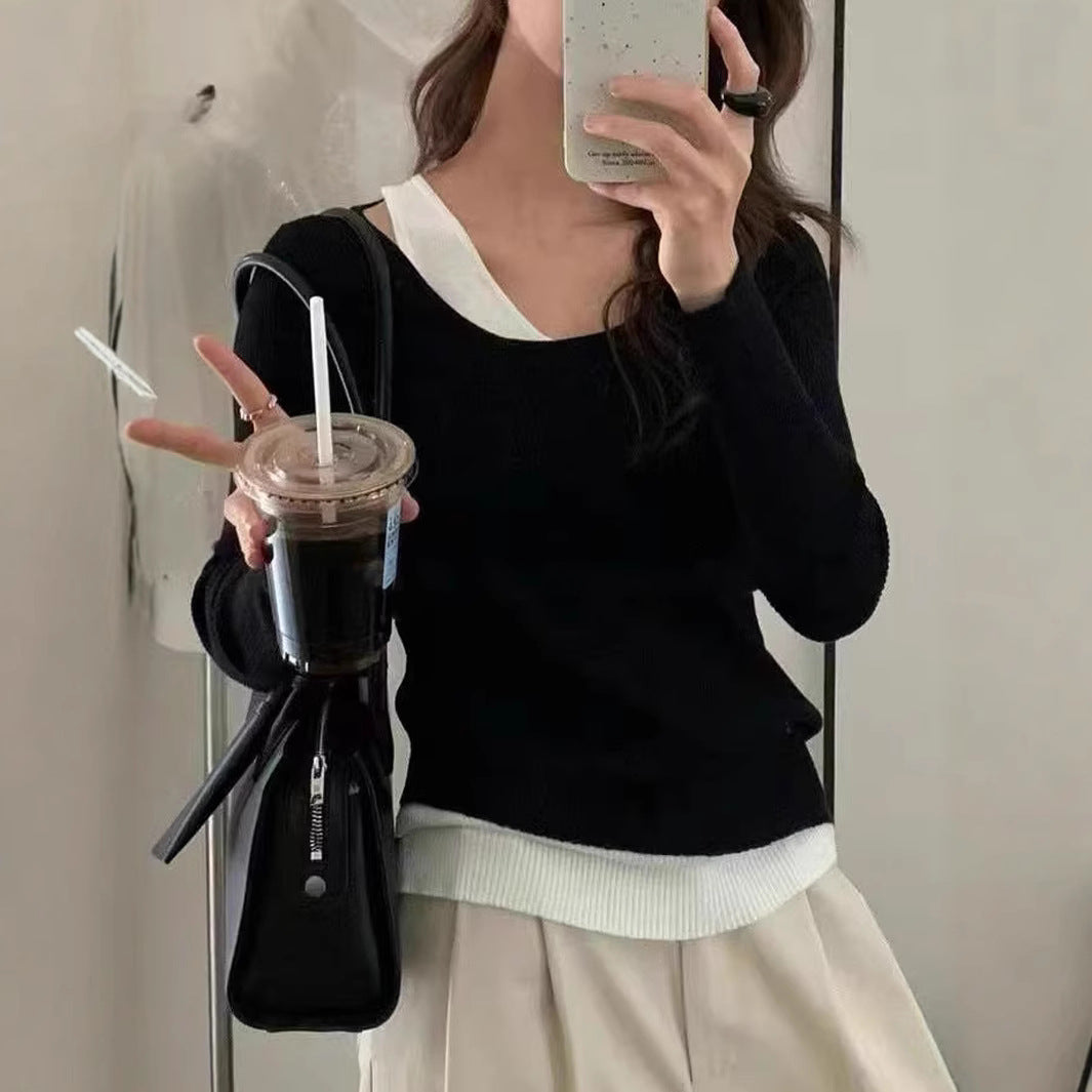 Damen lässiger V-Ausschnitt Strickpullover mit kontrastrierendem Saum Merchesia