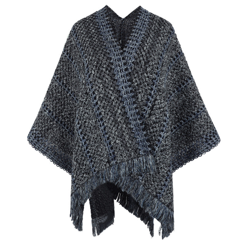 Damen Strickponcho mit V-Ausschnitt und Fransen Merchesia