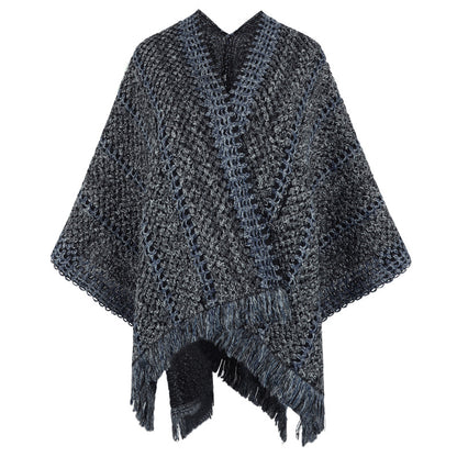 Damen Strickponcho mit V-Ausschnitt und Fransen Merchesia
