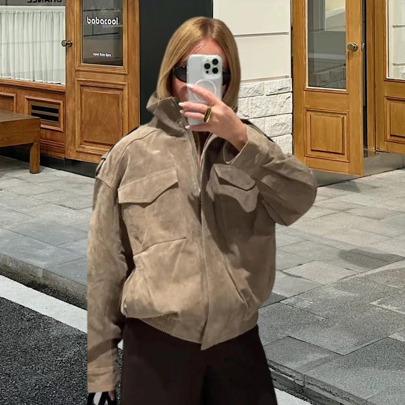 Damen Fetziges Wildlederjacke mit praktischen Taschen Merchesia