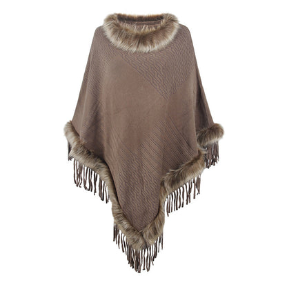 Damen eleganter Poncho mit luxuriösem Kunstfellkragen und dekadenten Fransen Merchesia