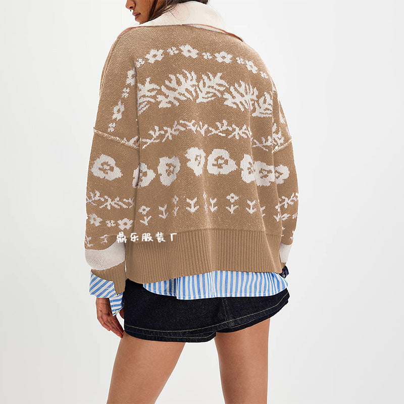 Damen Strickjacke mit floralem Muster und kleinen Knöpfen Merchesia