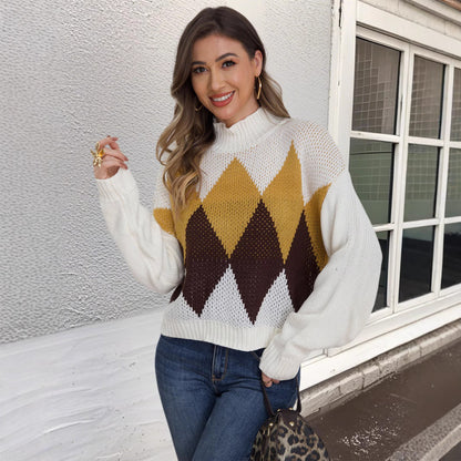 Damen modischer Strickpullover mit geometrischem Muster und hohem Kragen Merchesia
