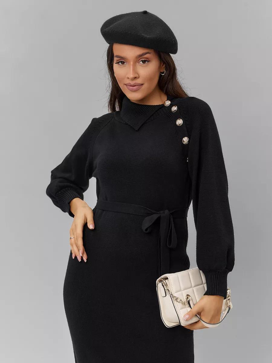 Damen Strickkleid mit taillierendem Gürtel und dekorativen Knopfdetails Merchesia