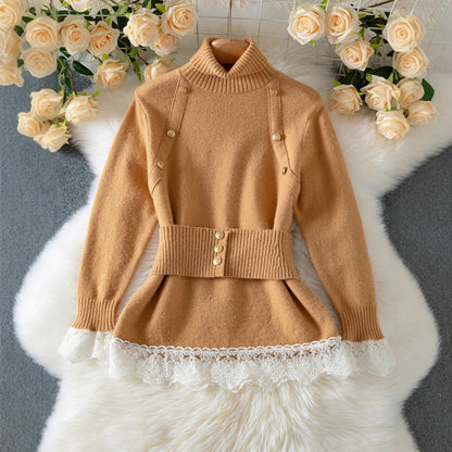 Damen eleganter Strickpullover mit hochgeschlossenem Kragen und dekorativen Knopfdetails Merchesia