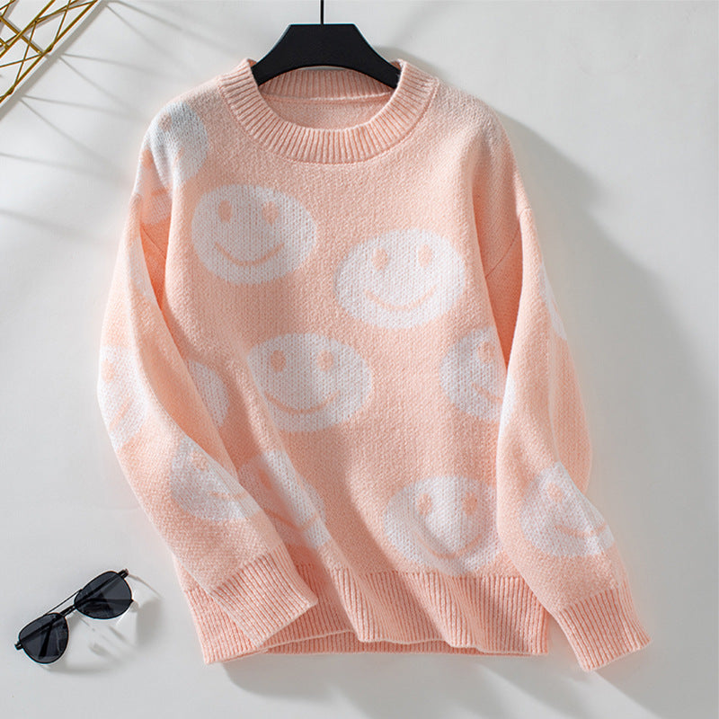 Damen lässiger Pullover mit fröhlichem Smiley-Muster Merchesia