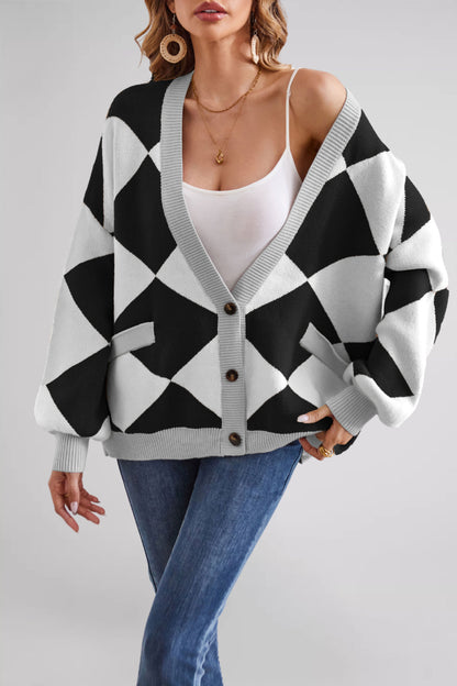 Damen Übergroße Strickjacke mit Karomuster und tiefem V-Ausschnitt Merchesia