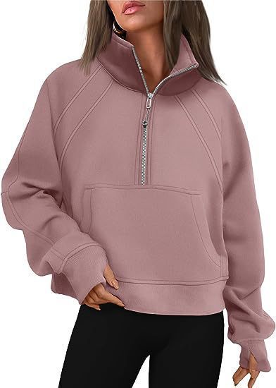 Damen kuscheliger Half-Zip Pullover mit Kapuze und Kängurutasche Merchesia