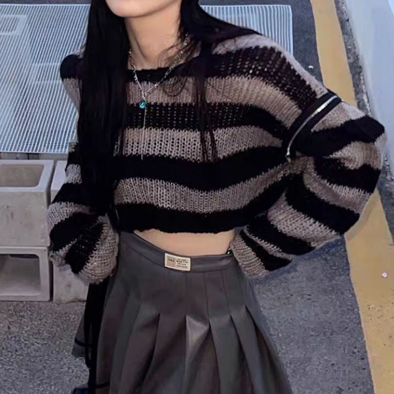 Damen lässiger Cropped Strickpullover mit Streifenmuster Merchesia
