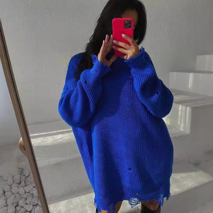 Damen Großer Strickpullover mit distressed Saum Merchesia