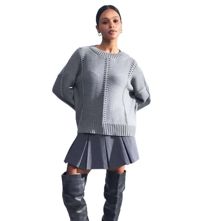 Damen lässiger Strickpullover mit luftigen Designelementen und überschnittenen Schultern Merchesia