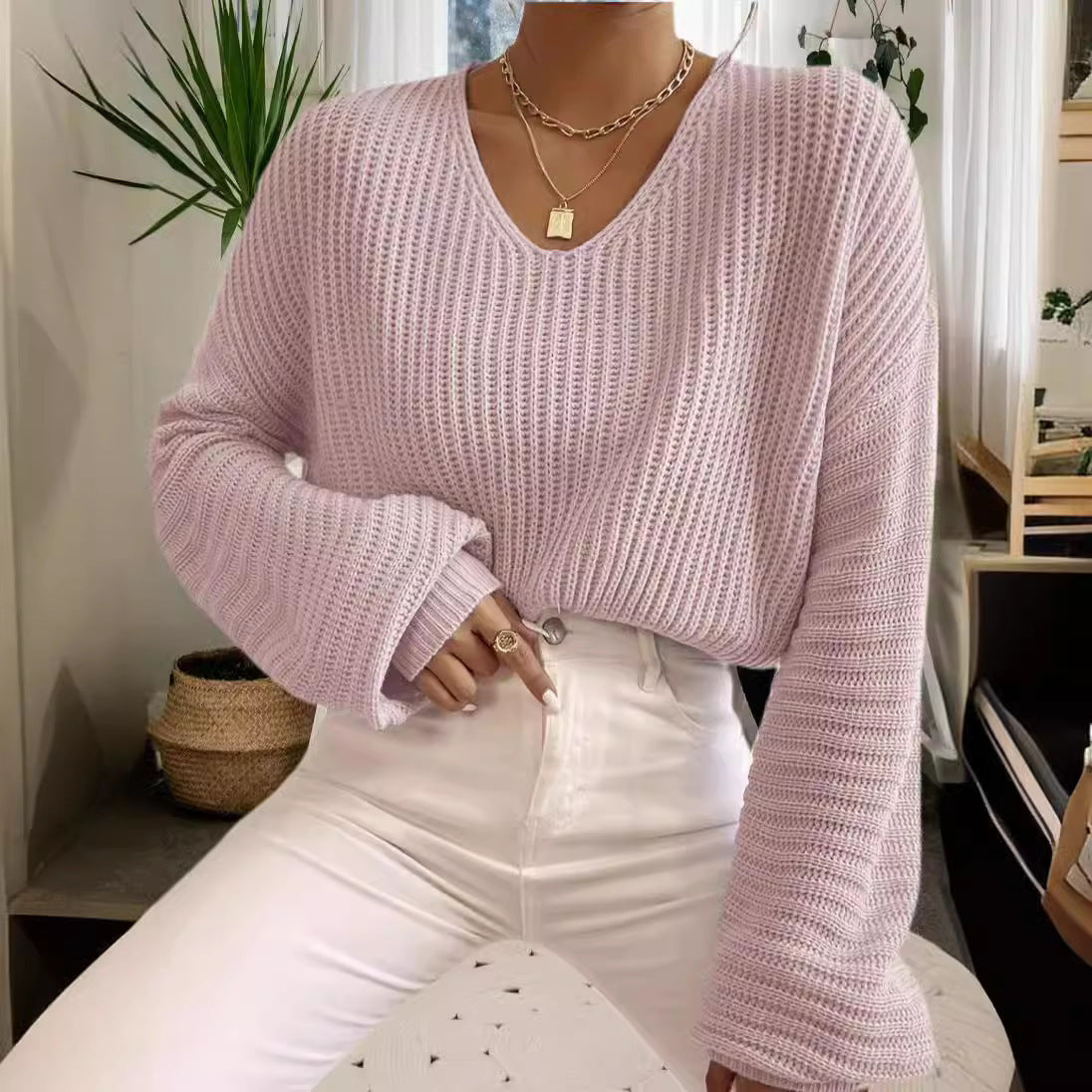 Damen lässiger Sweater mit weitem V-Ausschnitt und langen Ärmeln Merchesia