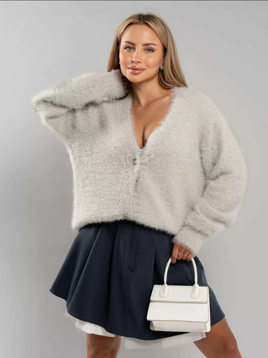 Damen Flauschiger Cardigan mit Knopfverschluss und weitem Schnitt Merchesia