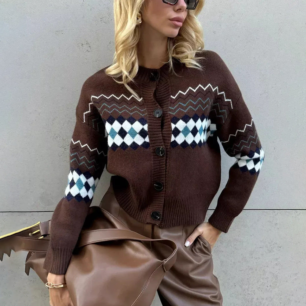 Damen Modischer Strickcardigan mit einzigartigem Karomuster und Knopfdetails Merchesia