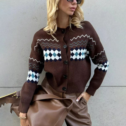 Damen Modischer Strickcardigan mit einzigartigem Karomuster und Knopfdetails Merchesia