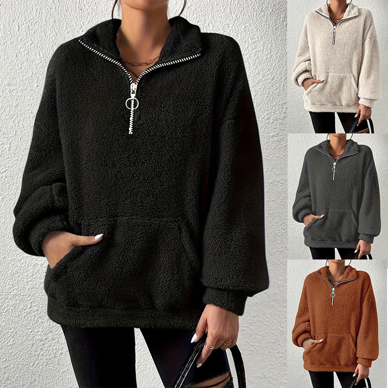 Damen kuscheliger Fleece-Pullover mit halbem Reißverschluss und Seitentaschen Merchesia