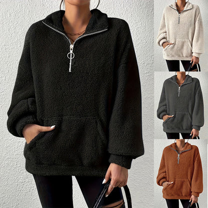 Damen kuscheliger Fleece-Pullover mit halbem Reißverschluss und Seitentaschen Merchesia