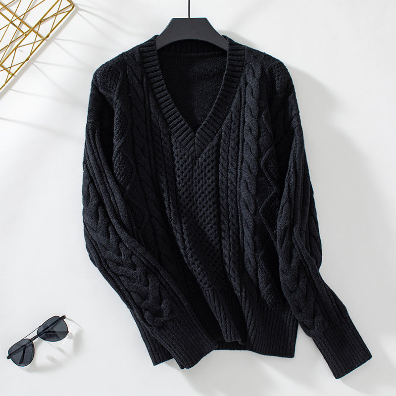 Damen modischer Strickpullover mit tiefem V-Ausschnitt und Zopfmuster Merchesia