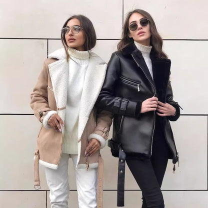 Damen trendige Kunstlederjacke mit kuscheligem Innenfutter und seitlichen Reißverschlüssen Merchesia