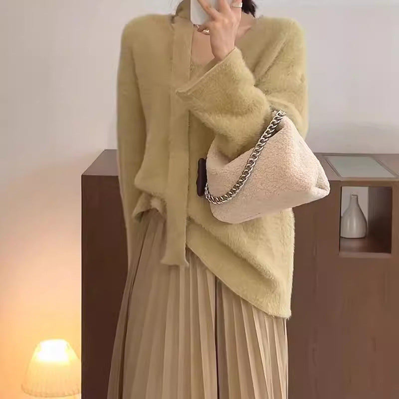 Damen Grobstrickpullover mit tiefem V-Ausschnitt und schicker Banddetails Merchesia